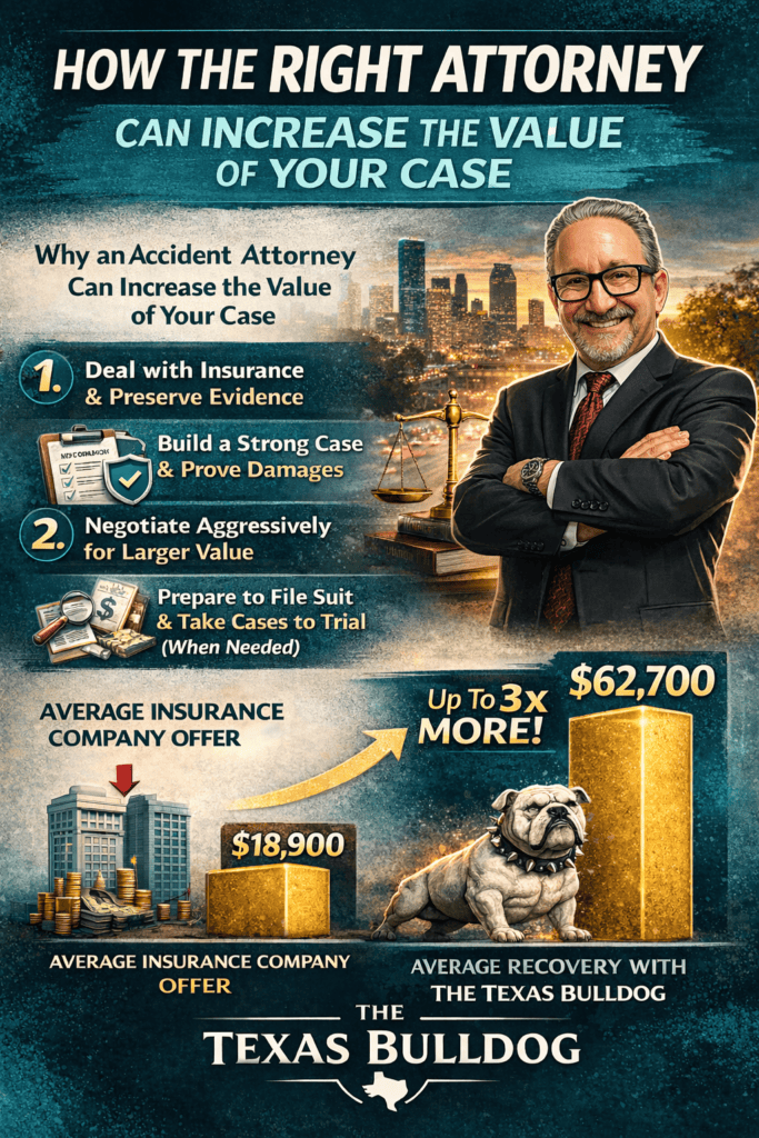 Infographic explaining how an accident attorney in Houston can increase the value of a car accident settlement