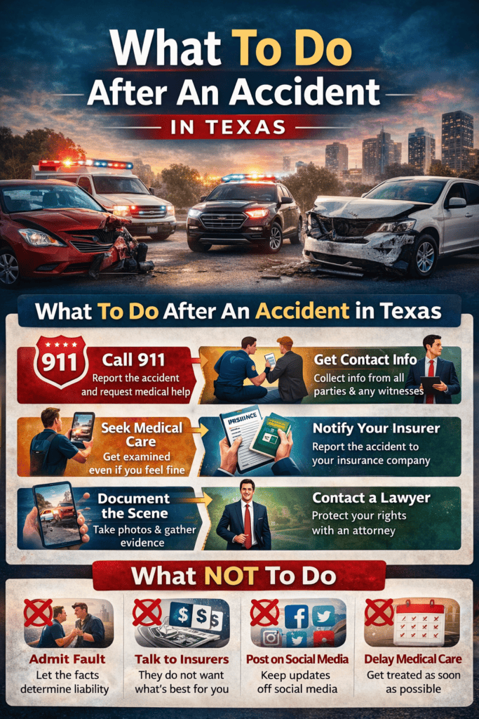 what to do after an accident in Texas steps including call 911 seek medical care document evidence and contact a lawyer infographic