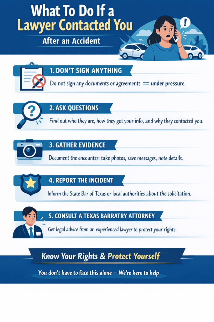 What to do if a lawyer contacts you after an accident Texas barratry attorney infographic