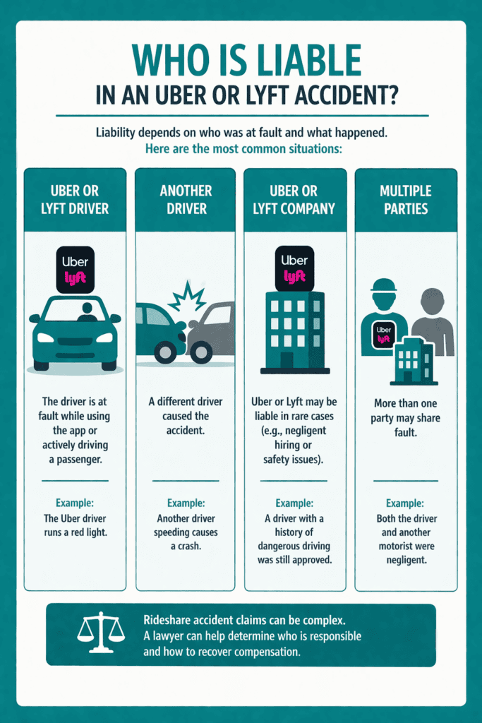 Who is liable in an Uber or Lyft accident in Texas including rideshare driver other driver company or multiple parties