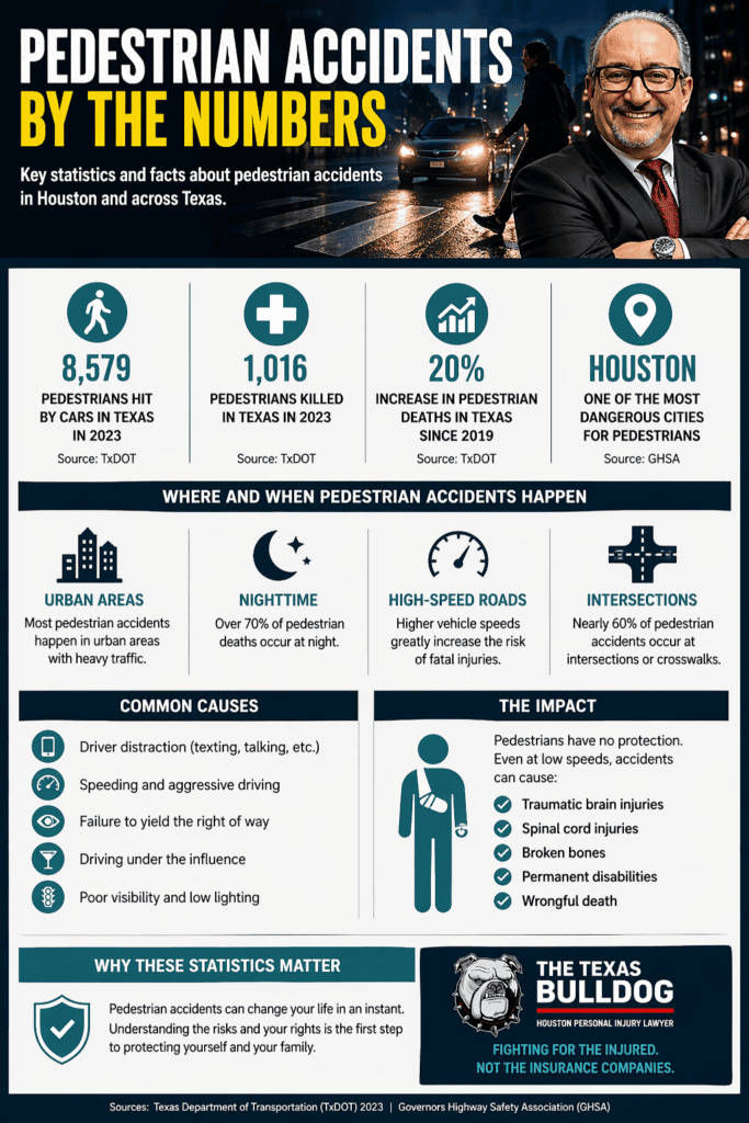 Pedestrian accident statistics infographic showing Texas and Houston pedestrian injury data