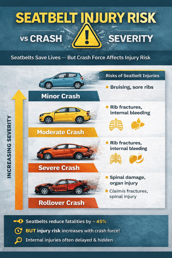 Seatbelt injury risk vs crash severity chart showing how crash force affects injuries after a car accident