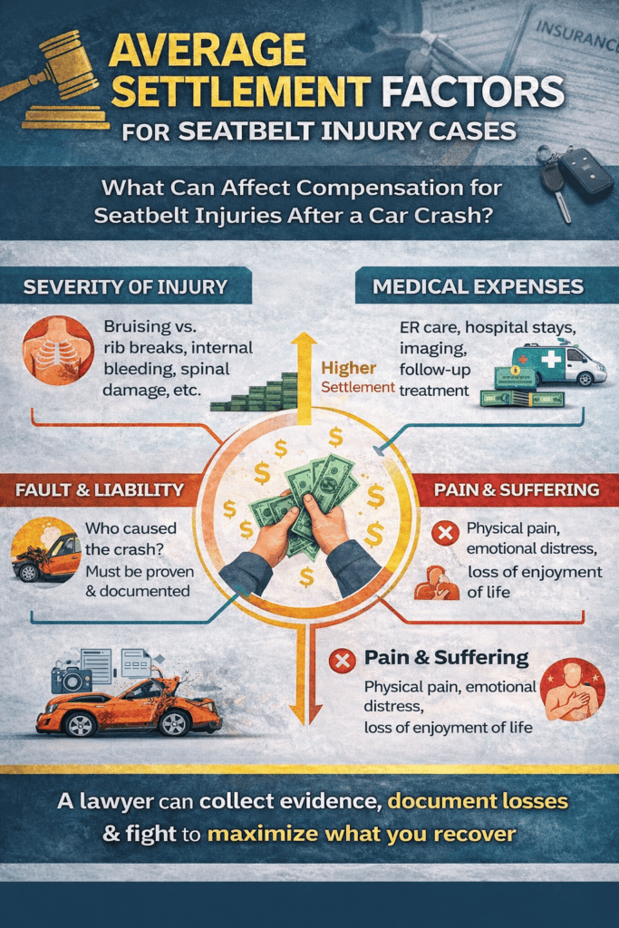 seatbelt injury settlement factors chart showing what affects compensation after a car accident