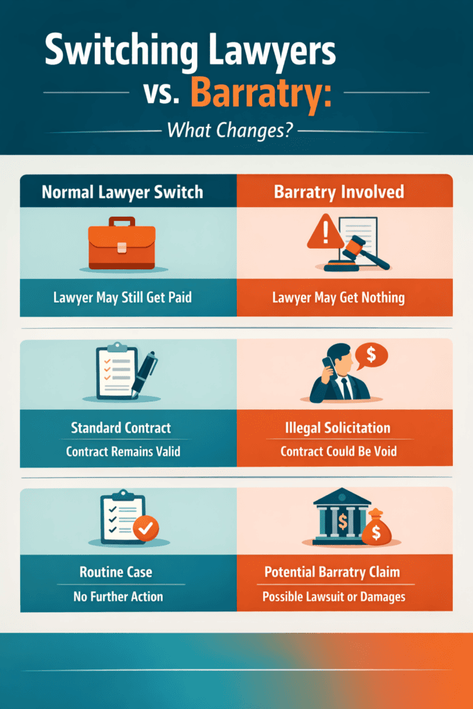 Switching lawyers vs barratry in Texas comparison showing contract validity, attorney fees, and illegal solicitation impact