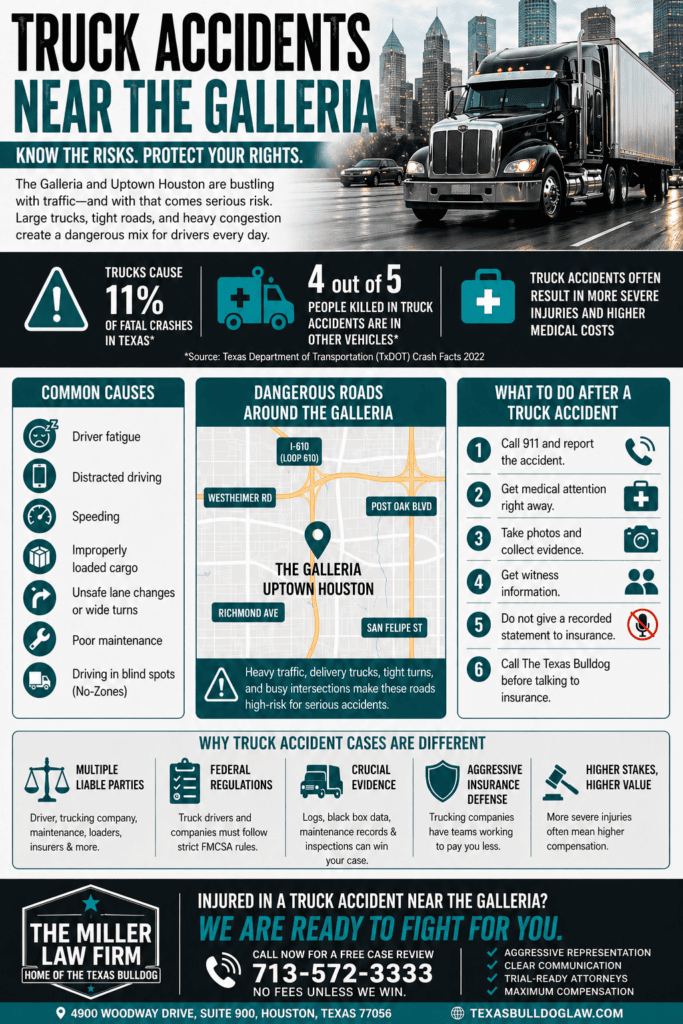 Truck accident infographic near the Galleria Houston showing causes, dangerous roads, and what to do after an 18 wheeler crash