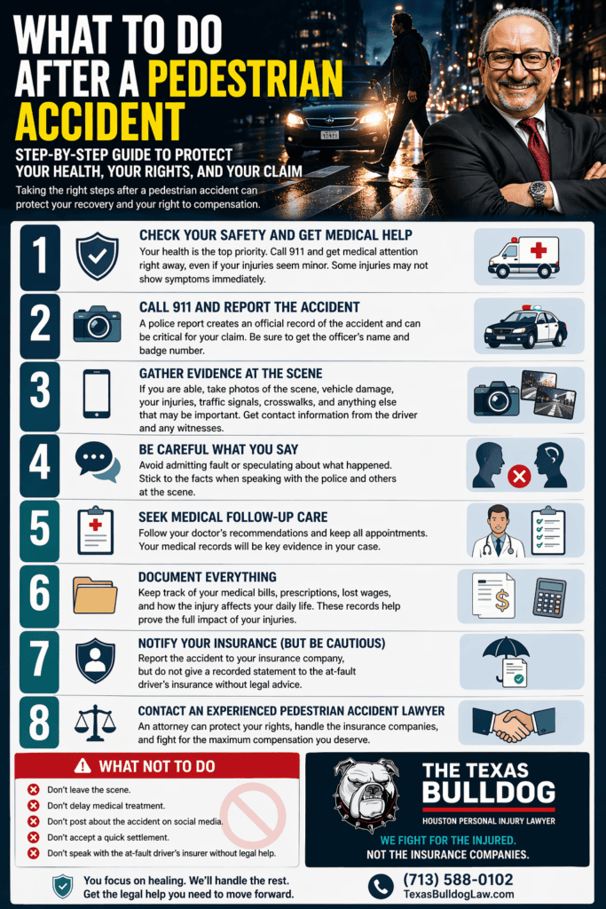Step by step infographic showing what to do after a pedestrian accident including medical help evidence and legal steps