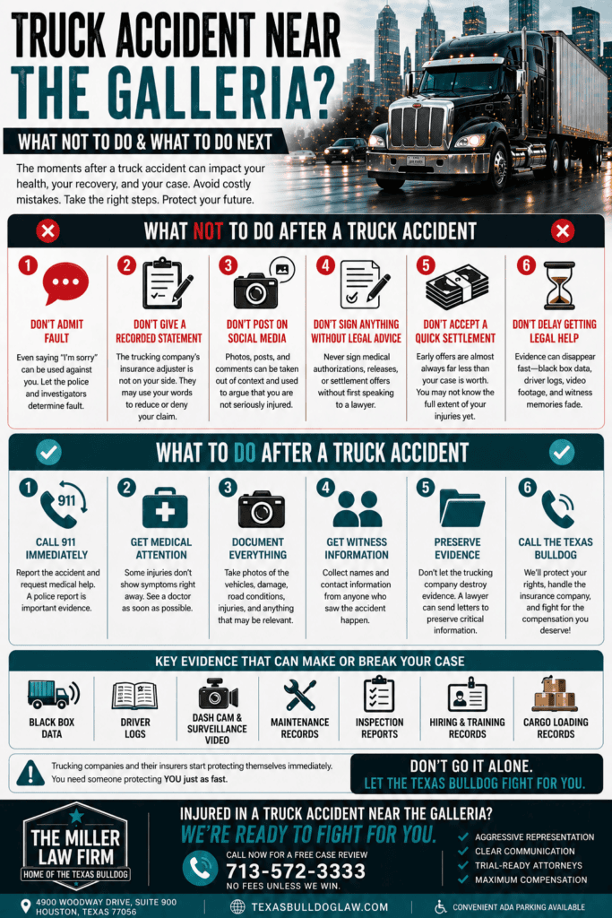 Truck accident infographic showing what to do and what not to do after an 18 wheeler crash near the Galleria in Houston