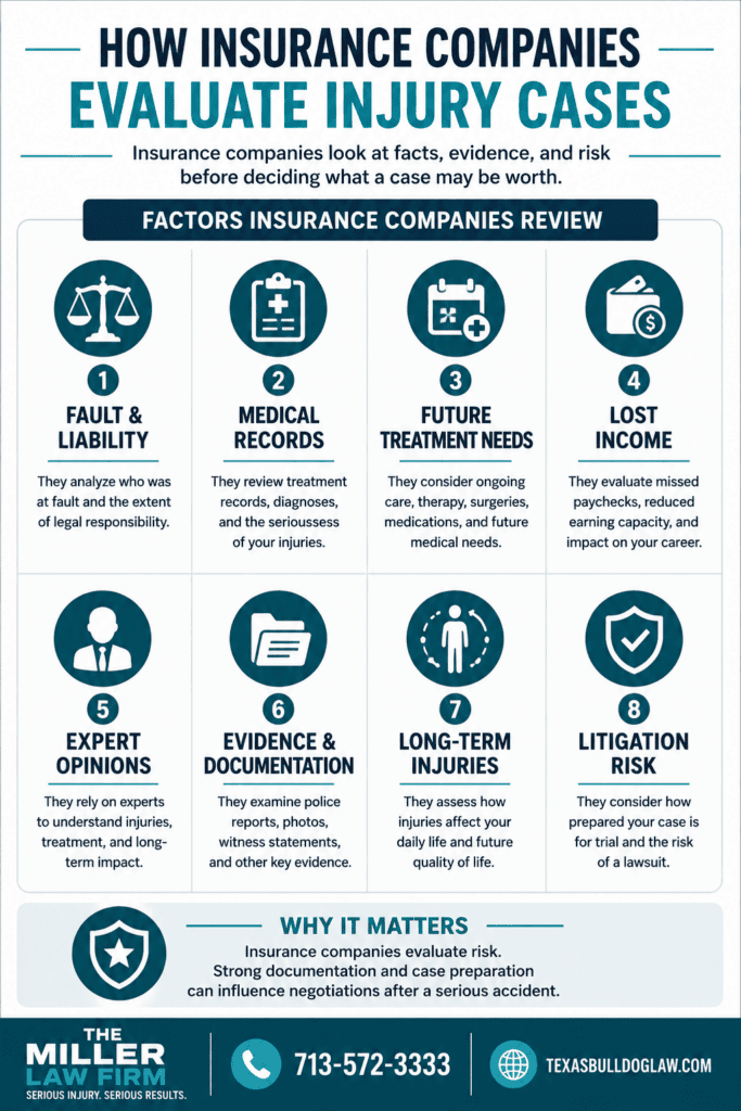 Infographic showing how insurance companies evaluate personal injury claims after a serious accident