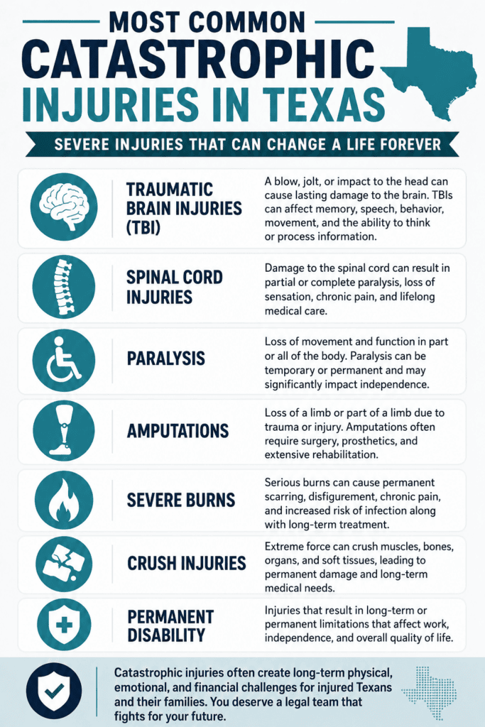 Infographic showing the most common catastrophic injuries in Texas including traumatic brain injuries, spinal cord injuries, paralysis, amputations, severe burns, crush injuries, and permanent disability.