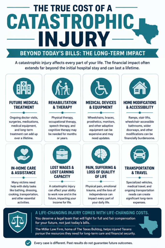 Infographic showing the long-term financial and personal costs of catastrophic injuries in Texas, including future medical treatment, rehabilitation, lost wages, home modifications, in-home care, and permanent disability.