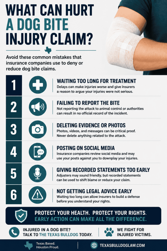 Infographic explaining common mistakes that can hurt a dog bite injury claim in Texas including delaying treatment, social media posts, and failing to report the bite