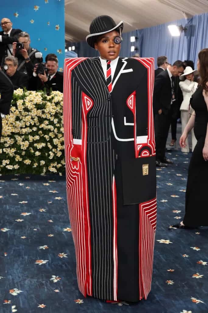 Bold geometric suit at the Met Gala 2025, reinterpreting classic Dandyism through modern surrealist tailoring and cultural symbolism.
