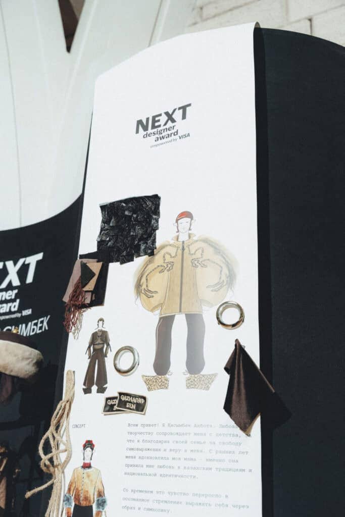 A vertical fashion moodboard for Akbota Kasymbek’s "Kökpar" collection, featuring fabric swatches, technical sketches of oversized jackets, and the NEXT Designer Award logo.