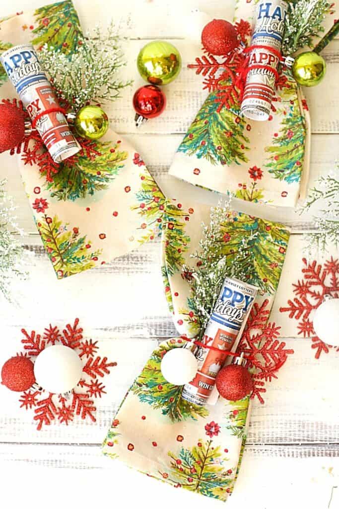 Share some lottery luck with your dinner guests this holiday season. These easy NJ Lottery Ticket DIY Christmas Napkin holders are a fun way to decorate your holiday dinner table.