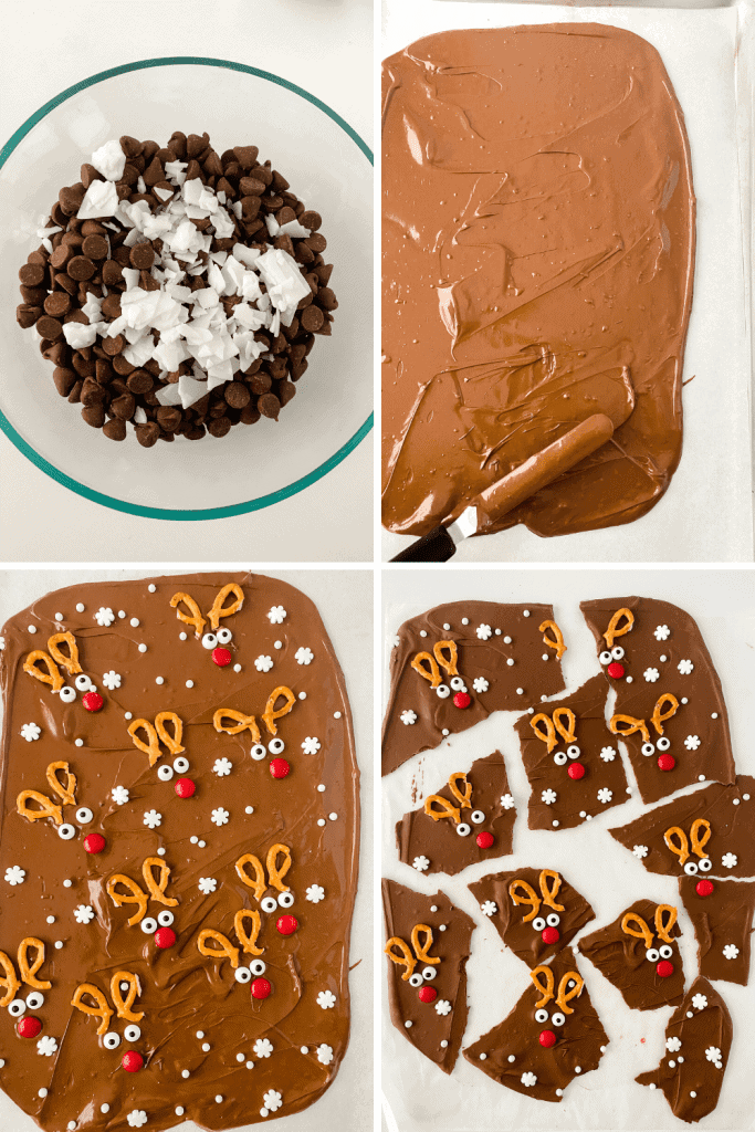 Learn how to make an easy and delicious treat to enjoy with family and friends for the holiday season. You’ll love the chocolatey taste of this sweet and simple chocolate Reindeer Bark recipe. This chocolate bark recipe is perfect recipe for a Christmas Cookie Exchange, holiday party or class party.