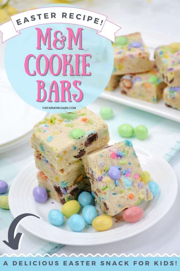 Make fun and flavorful Easter Cookie Bars for the holiday. These easy cookie bars are sure to be a huge hit for your Easter celebration. These thick and chewy M&M Cookies bars are perfect for any holiday or occasion. Fill them with chocolate chips, M&M's, or any chopped chocolate candy. They're also perfect to use up leftover Halloween candy.