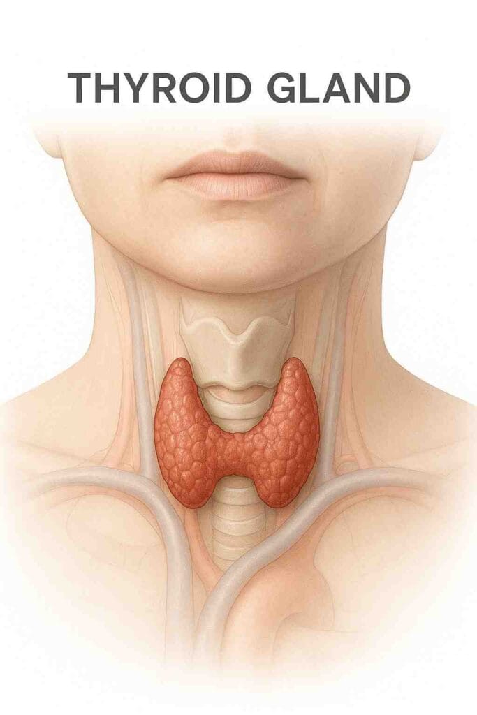 Realistic medical illustration of butterfly-shaped thyroid gland in the neck, labeled, educational, high detail.