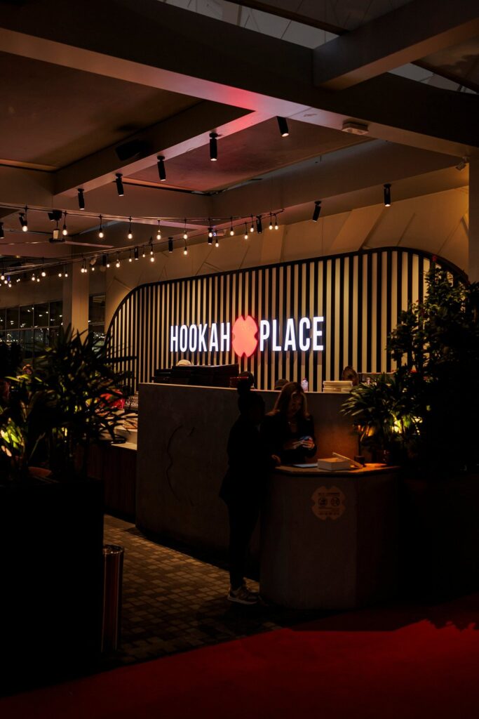 Modern interior of HookahPlace Abu Dhabi with chic décor and cozy seating.