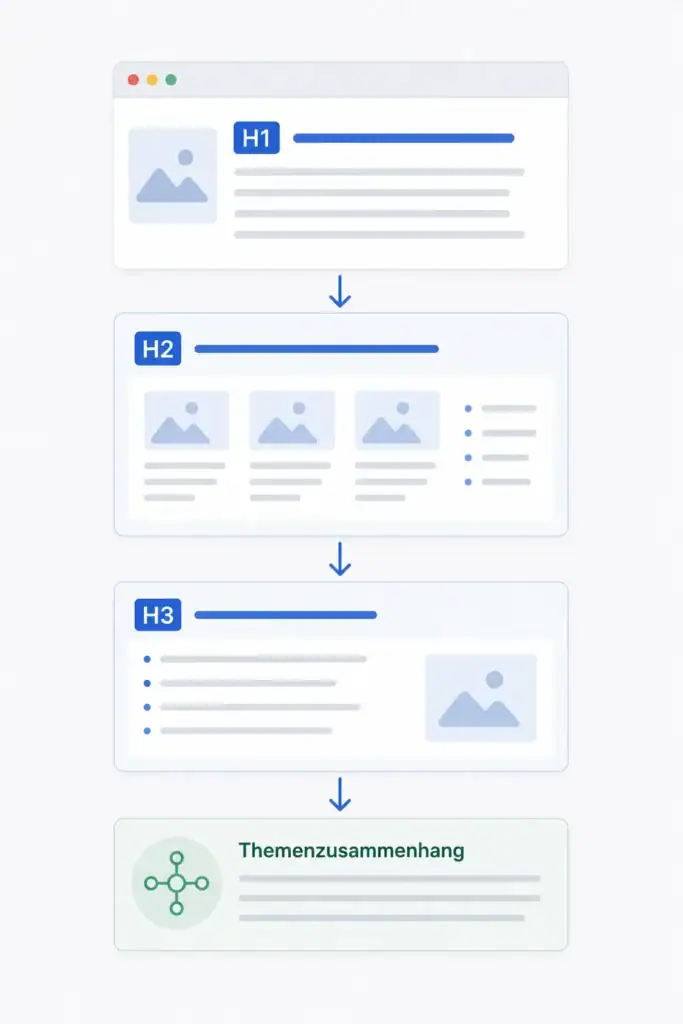 Infografik zur Inhaltsstruktur: Eine H1-Überschrift führt über H2- und H3-Unterüberschriften zu einem klaren thematischen Zusammenhang.