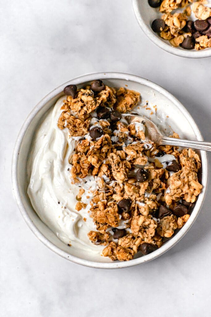 chocolate peanut butter granola over yogurt in a white bowl with spoon