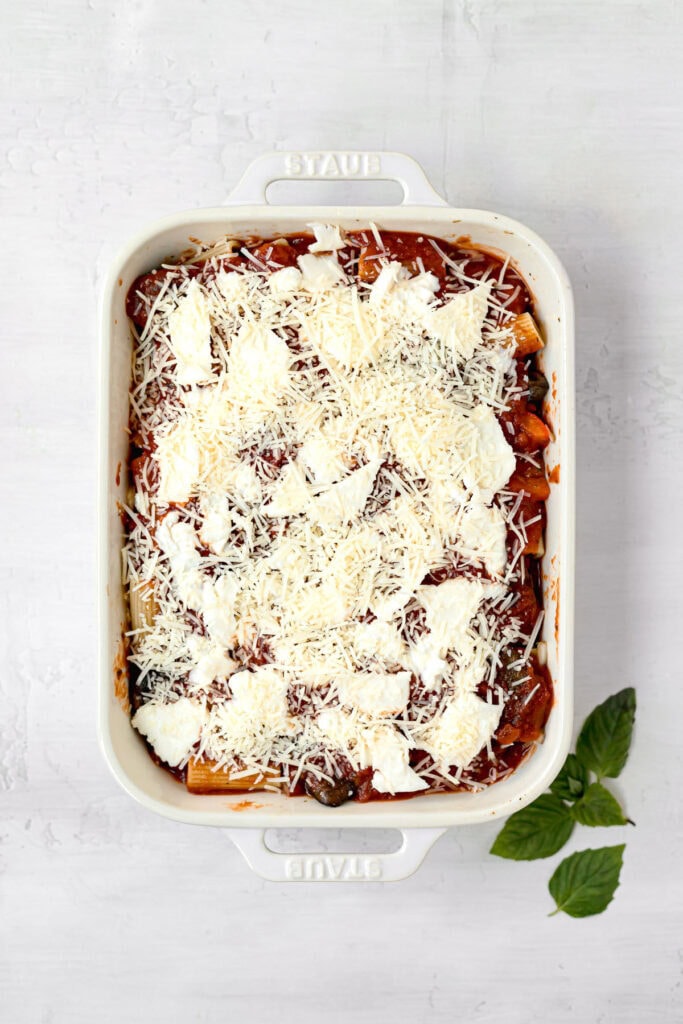stop shot of vegetarian ziti in a white casserole dish