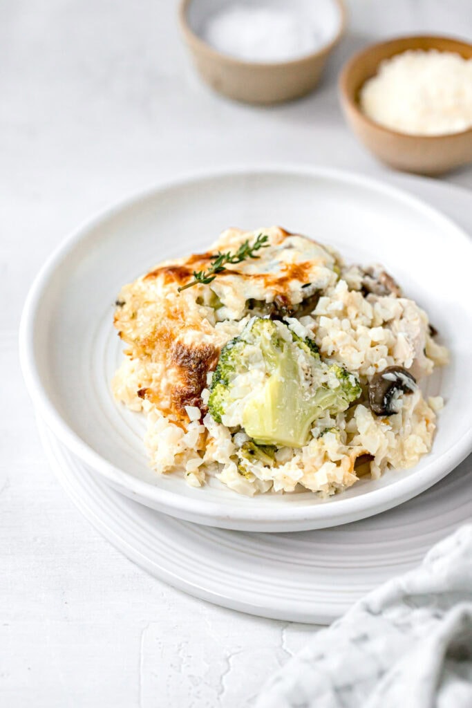 a serving of paleo chicken casserole on a small white plate