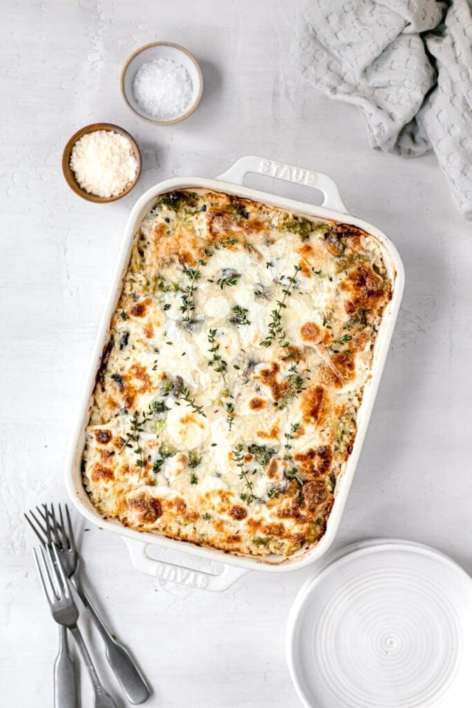top shot of oven baked paleo chicken casserole next to utencils