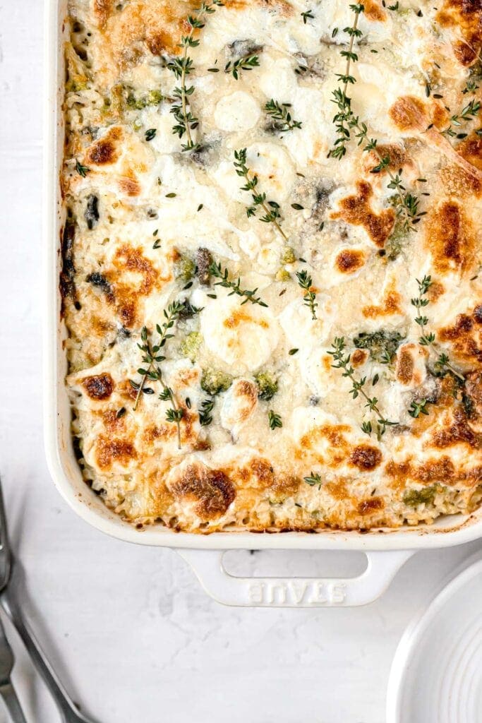 baked chicken casserole that is paleo friendly in a white dish