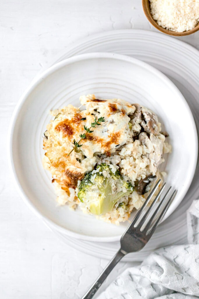 top shot of plated chicken casserole