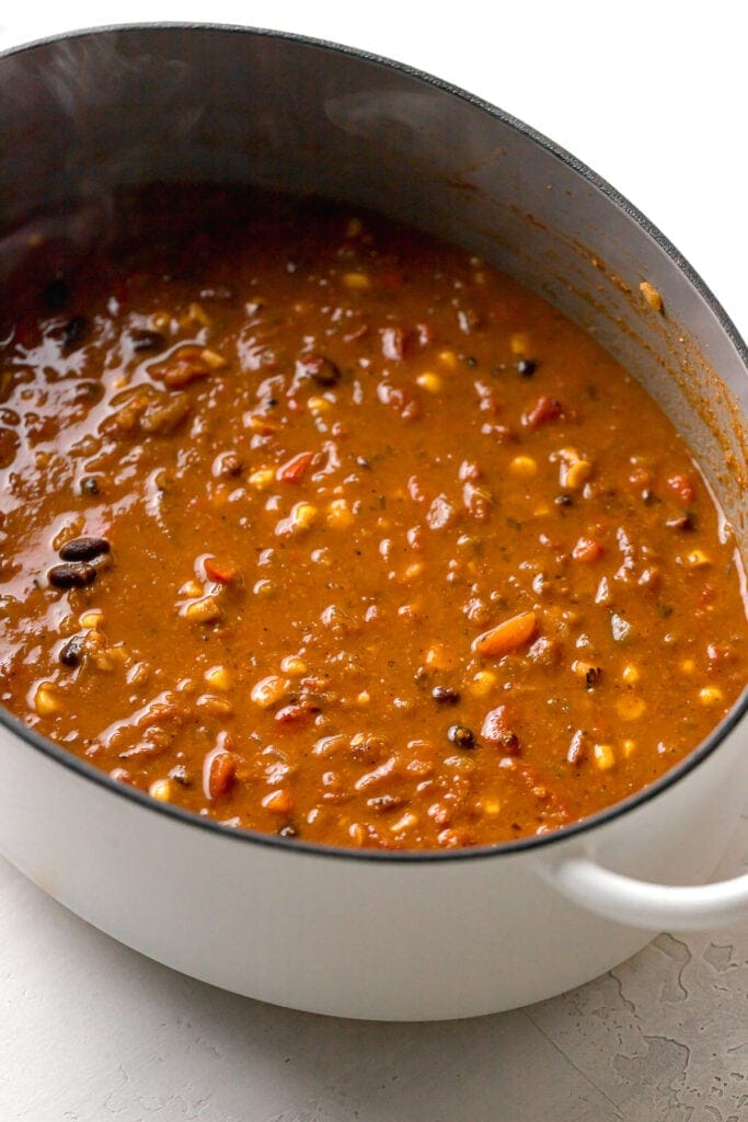 healthy vegan taco soup in a large white pot