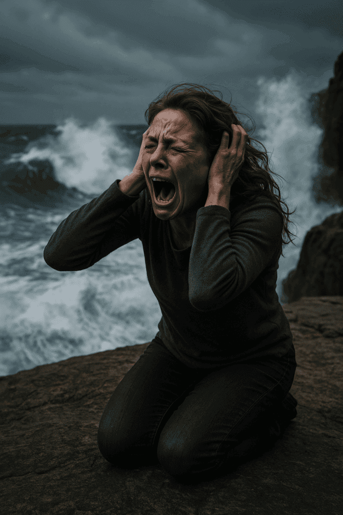 Schreiende Frau, die sich die Ohren zuhält