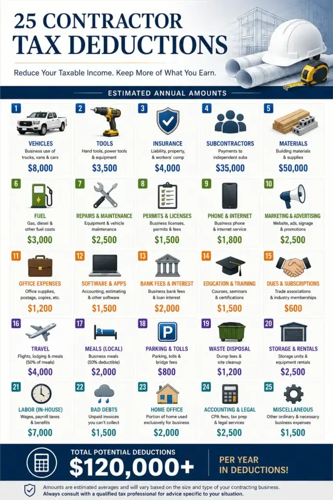 Visual infographic displaying 25 tax deduction categories available to Canadian contractors with average annual amounts and total deduction potential