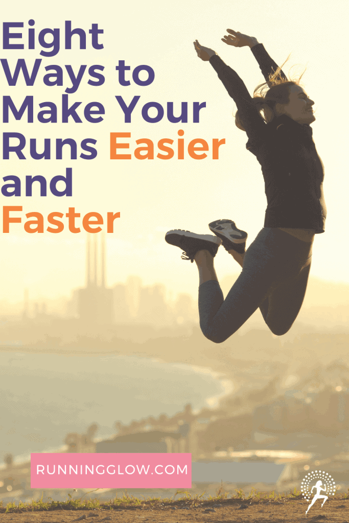 female runner jumping and enjoying an easier run