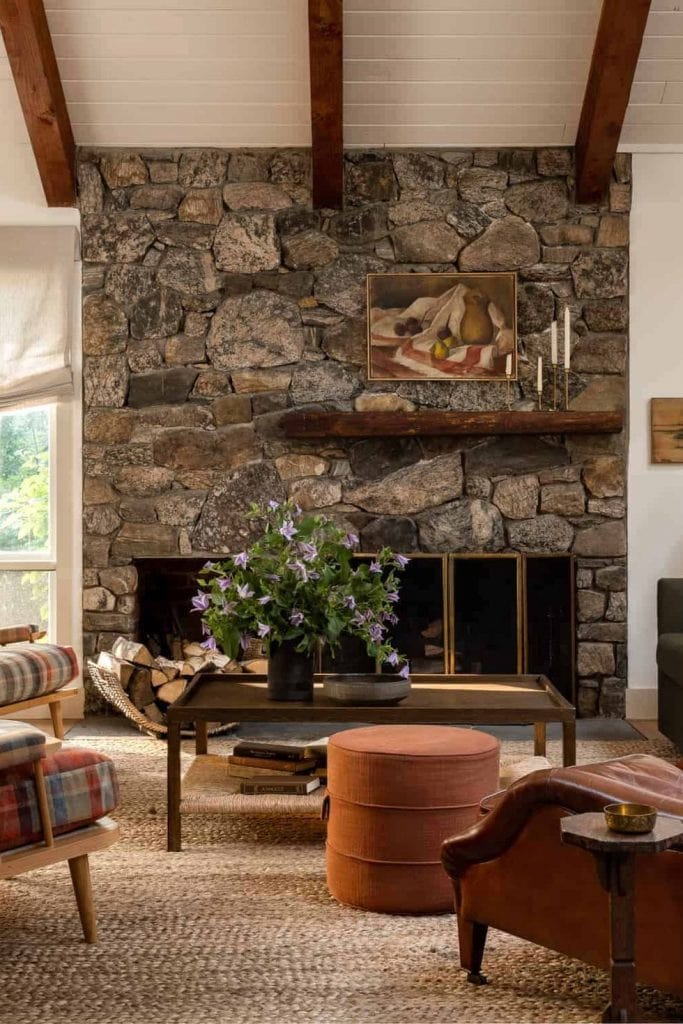 fireplace decorating ideas 57 Easy Fireplace Decorating Ideas That’ll Look Stylish All Year Long fireplace ideas heidi caillier design ct country house dutchess county design living room stone fireplace beams jute rug 1660063120 683x1024