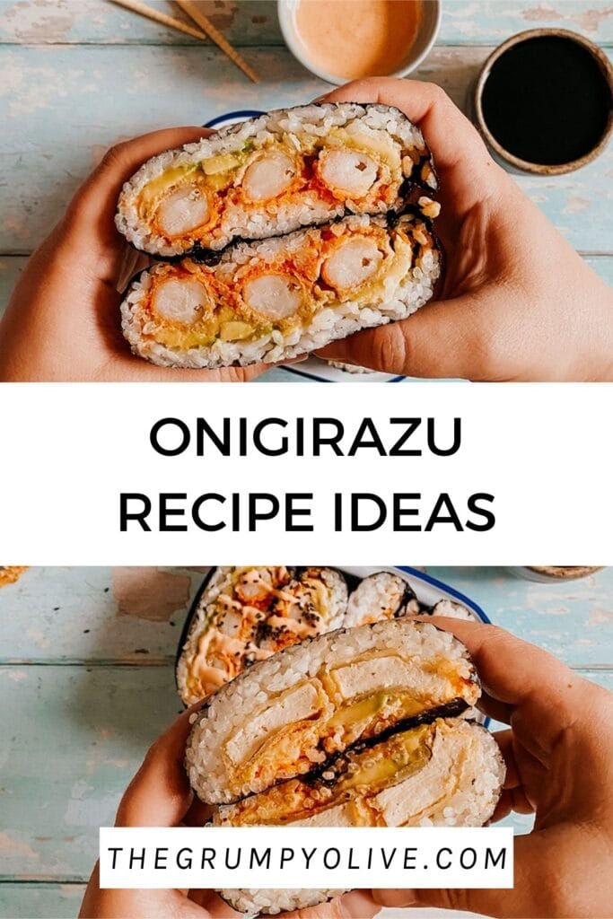 Easy Onigirazu - Japanese Rice Sandwiches 8 two pictures on light blue background, two rice sandwiches called onigirazu filled with sushi rice, tofu, avocado and another one with rice, prawn katsu and sauces. All helf by hands