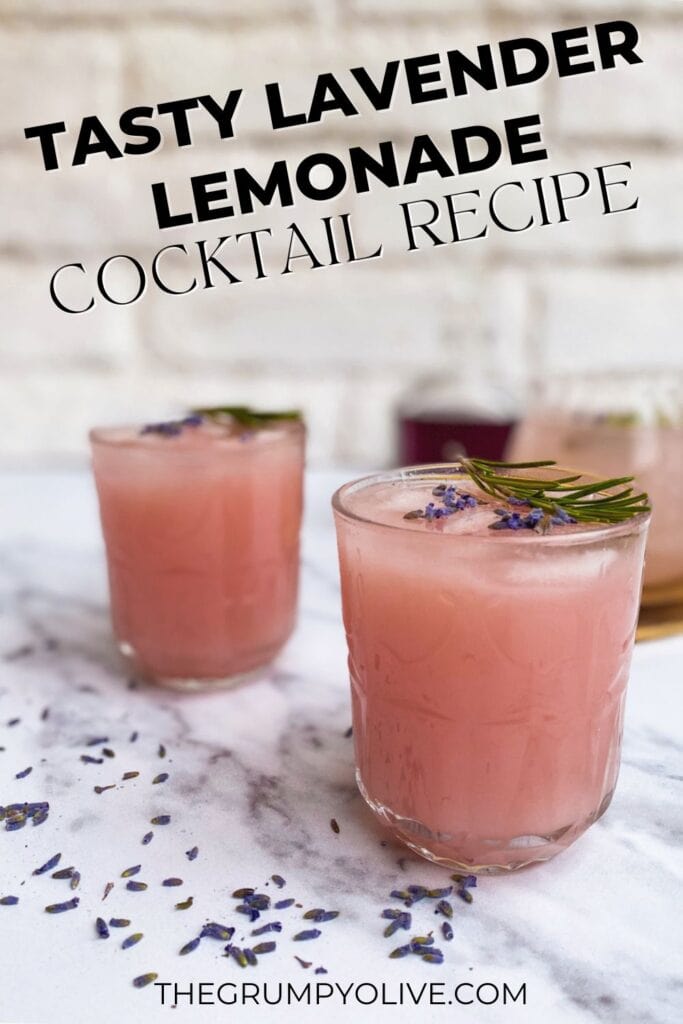 Lavender Lemonade Cocktail 20 Minutes Delicious Drink 9 two glasses holding a lavender lemonade with rosemary on top and lavender buds