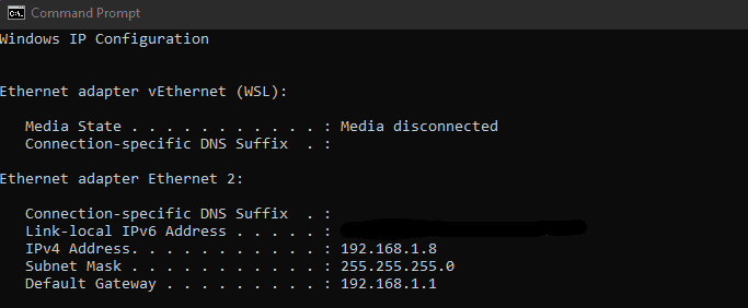 windows finding local ip with ipconfig