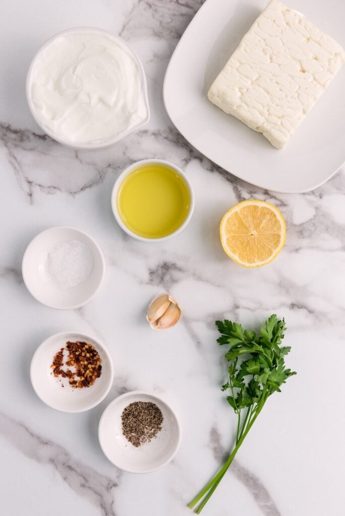 Ingredients Try this creamy Whipped Feta Dip made with Greek yogurt, olive oil, garlic, and lemon. It's a crowd-pleasing, quick 5-minute appetizer!