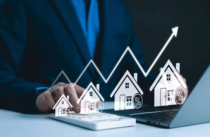 Real estate market growth chart showing rising property values, mortgage rates, and interest icon on houses.