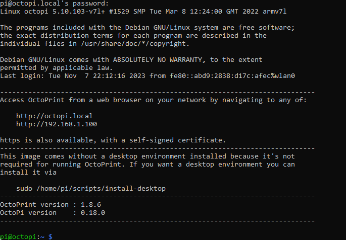 raspberry pi octopi terminal login