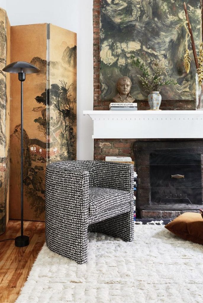 fireplace decorating ideas 57 Easy Fireplace Decorating Ideas That’ll Look Stylish All Year Long arc chair houndstooth homepage trnk 800x1096 1554913265 686x1024