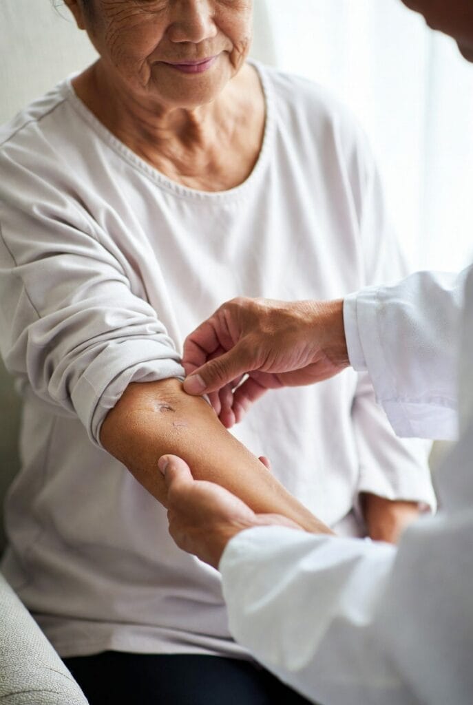 A healthcare professional examines a healing wound or scar on an elderly woman's forearm as she sits with her sleeve rolled up.