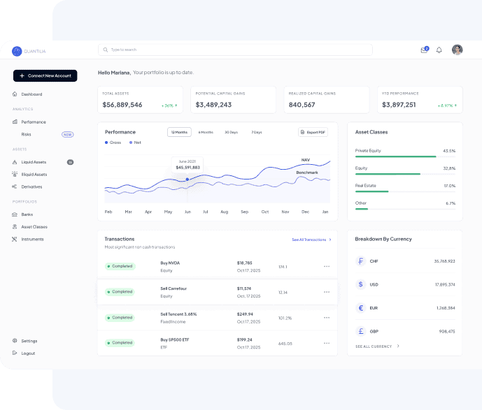 Portfolio Reporting Platform with Full Lookthrough | Quantilia 1 Portfolio reporting platform dashboard with performance metrics and asset classes.