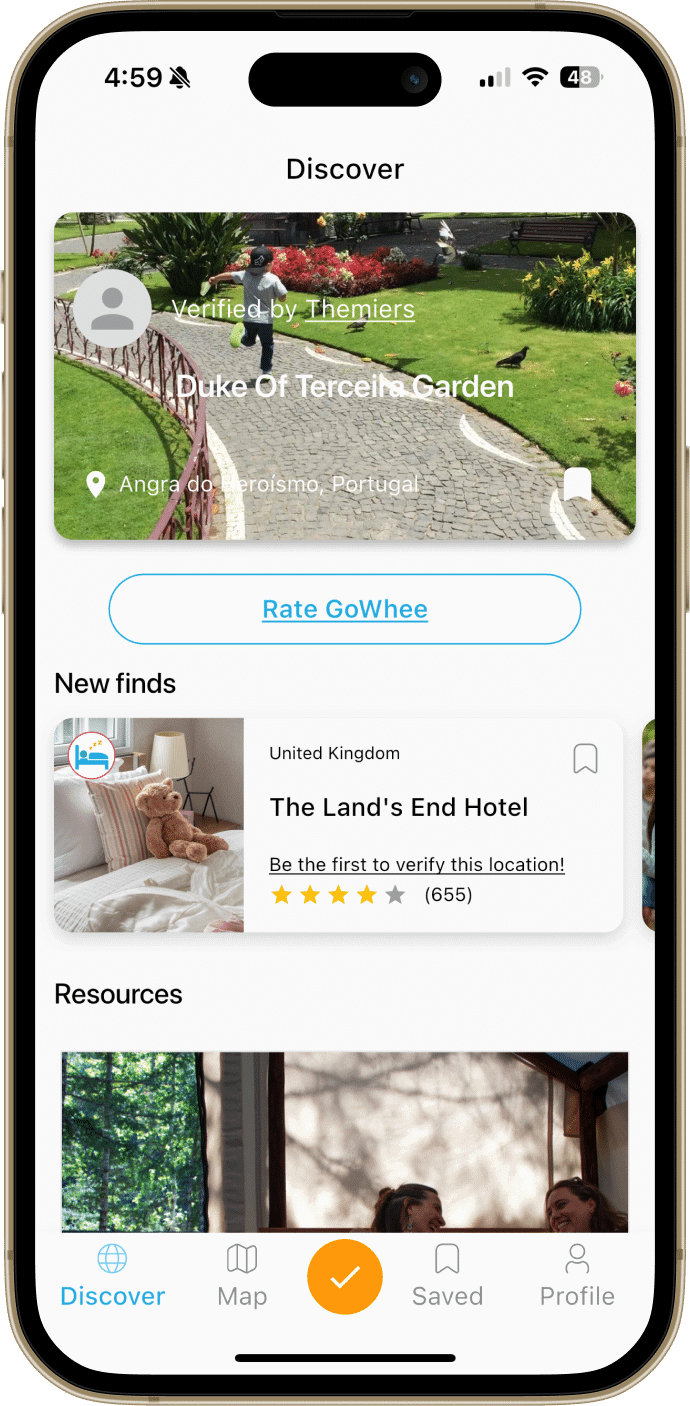 Discovery page on GoWhee with a featured location, suggestions and reesources