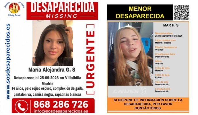 Carteles de búsqueda de dos menores desaparecidas, con fotos y datos de contacto, sobre fondo rojo y negro.