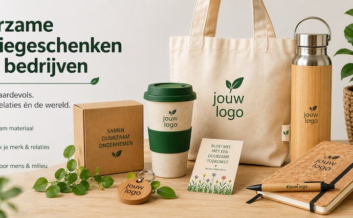 Duurzame relatiegeschenken voor bedrijven zoals tas, drinkfles en notitieboek met logo