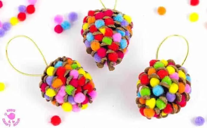 colorful pinecone craft using pom pom