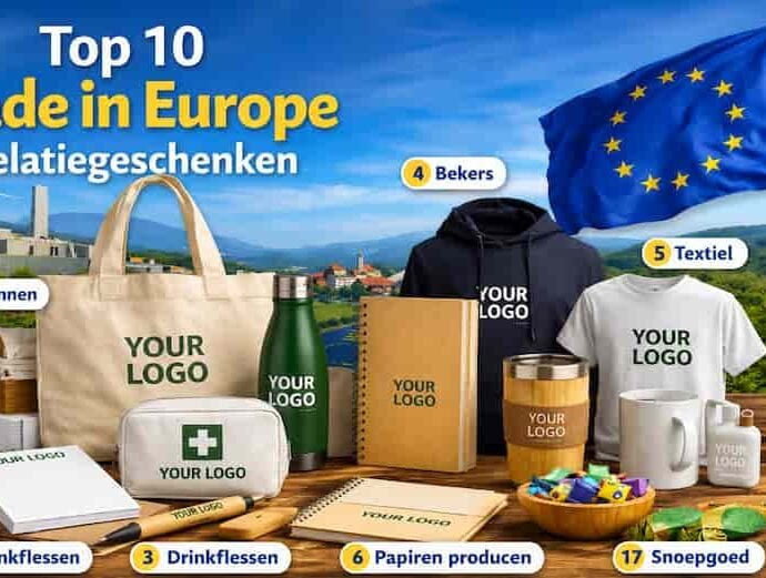 Luxe landschappelijke presentatie van diverse Made in Europe relatiegeschenken waaronder pennen, tassen en textiel met een realistisch TBTB logo.