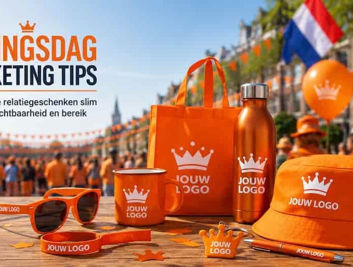 Luxe landschappelijke presentatie van oranje Koningsdag marketing artikelen waaronder een zonnebril en pet met een realistisch TBTB logo in een sfeervolle oranje setting.