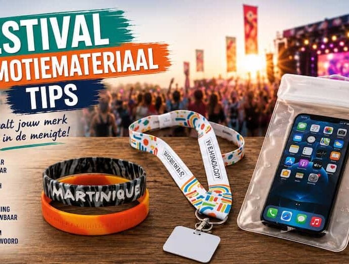 Luxe landschappelijke presentatie van festival promotiemateriaal met siliconen polsbandjes, lanyards en waterdichte telefoonhoesjes met TBTB logo.